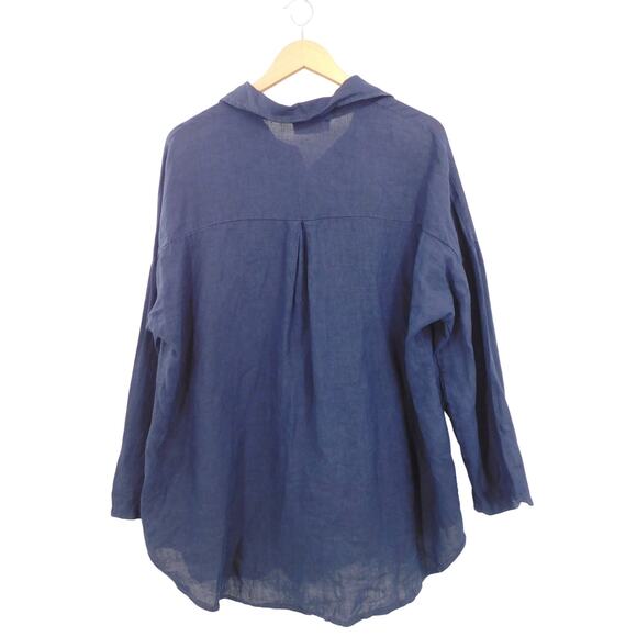 Tina Stephen Women's Navy 100% Linen Long Sleeves Button Down Shirt Top Size OS - Picture 2 of 5